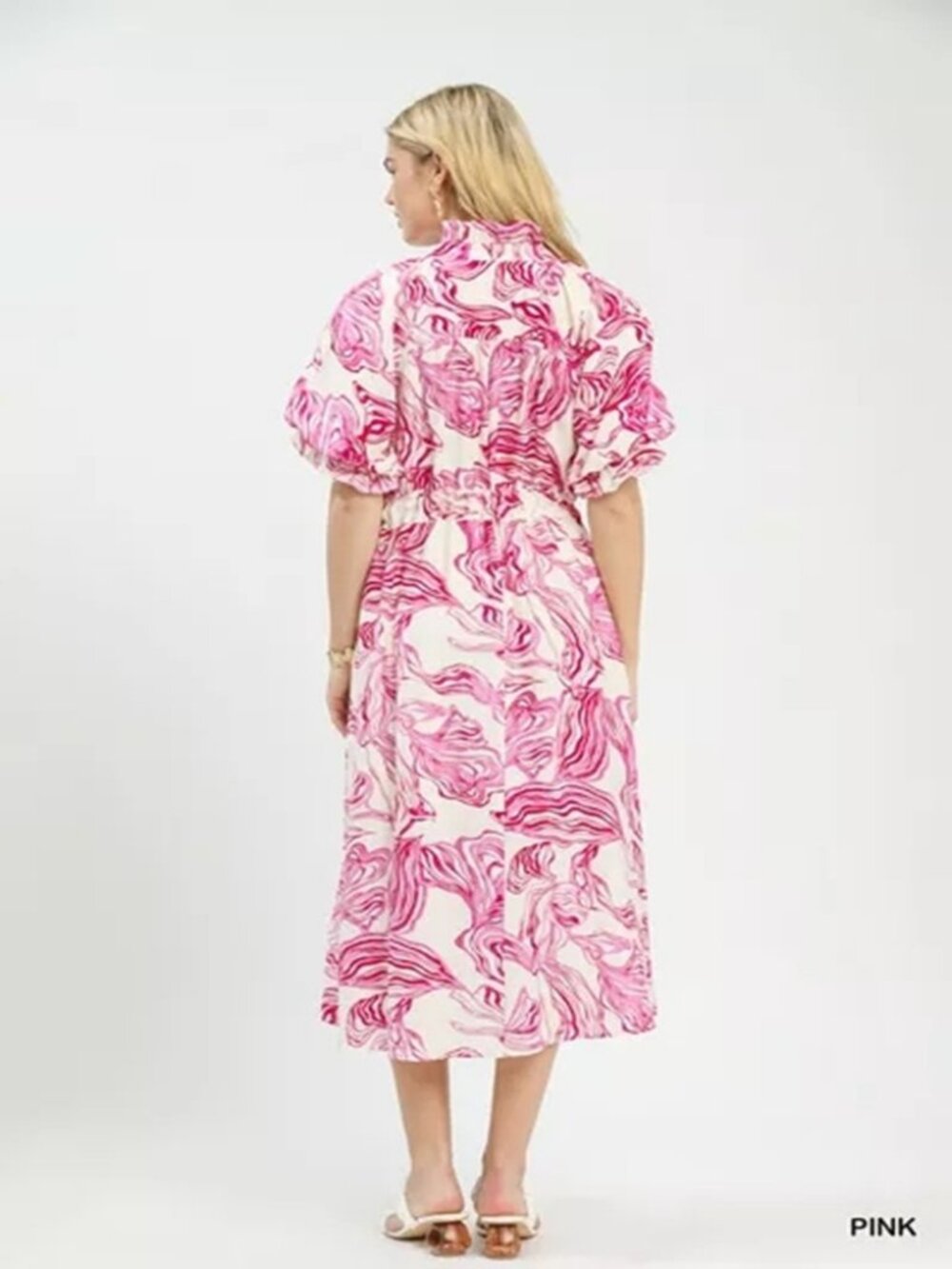 Abstract Print Smocked Midi Dress Women Elegant Casual Outfit - Picture 3 of 5